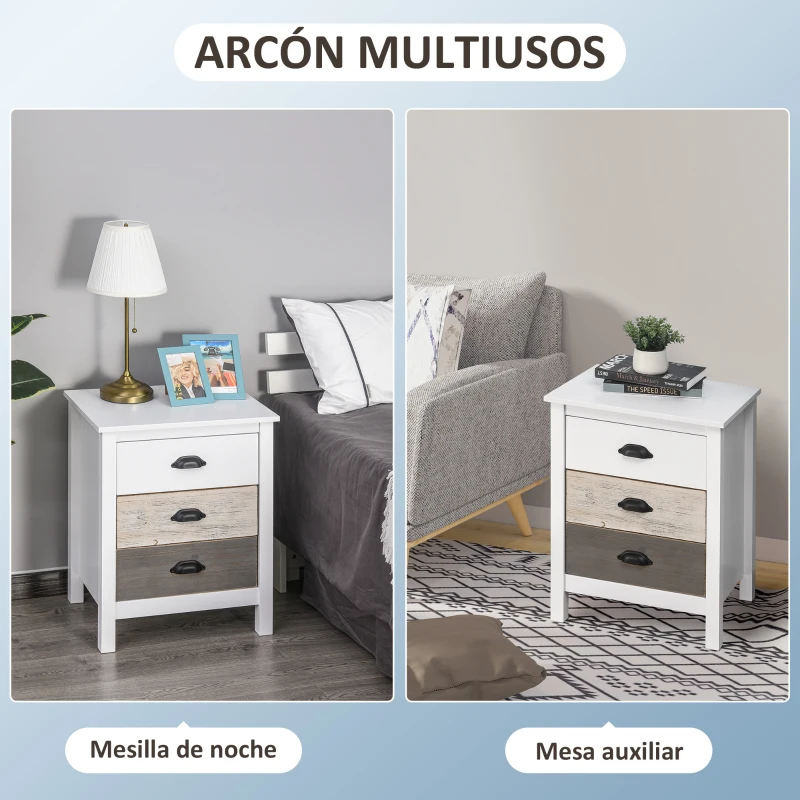 HOMCOM Mesilla de Noche con 3 Cajones Mesa de Noche para Dormitorio Salón 50x38x65 cm Blanco