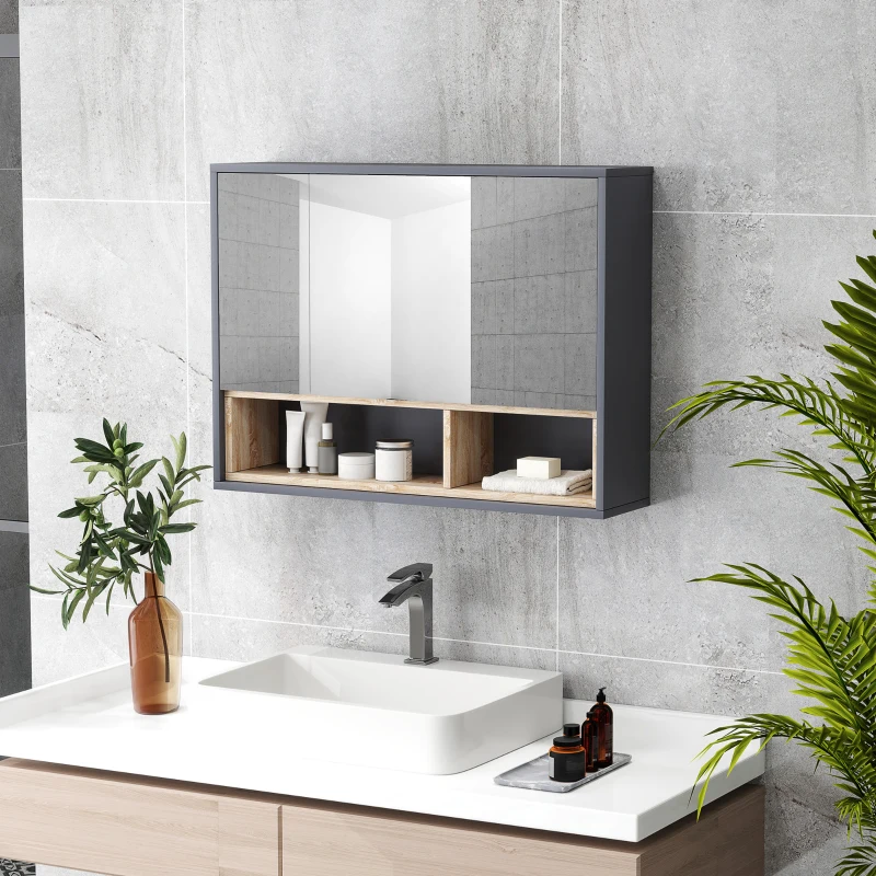 HOMCOM Bathroom Mirror Cabinet, Wall Mounted Bathroom Cabinet with Mirror, 3 Doors and Cupboards, Grey