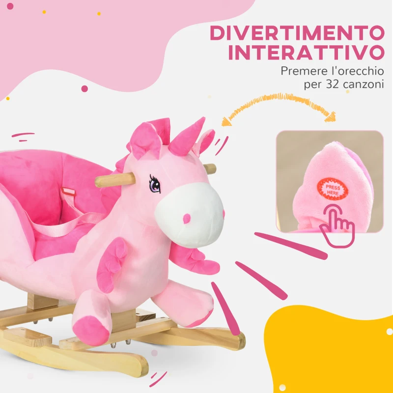 HOMCOM Cavallo a Dondolo Unicorno con 32 Canzoni, Base in Legno e Cintura di Sicurezza, Età 18-36 Mesi, Rosa
