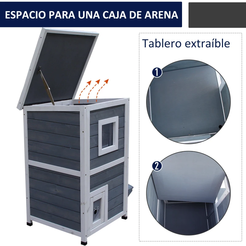 PawHut Caseta para Gatos de Madera Exterior Casa para Gatos de 2 Pisos con Techo Abrible Ventanas y 2 Plataformas para Terraza Balcón Jardín 51x51x81,3 cm Gris