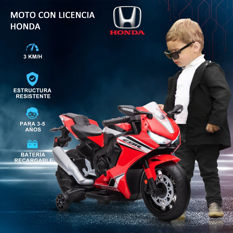 HOMCOM Moto Eléctrica con Licencia HONDA para 3-5 Años con Faros Bocina Música y Ruedas Auxiliares 90x44x52 cm Rojo