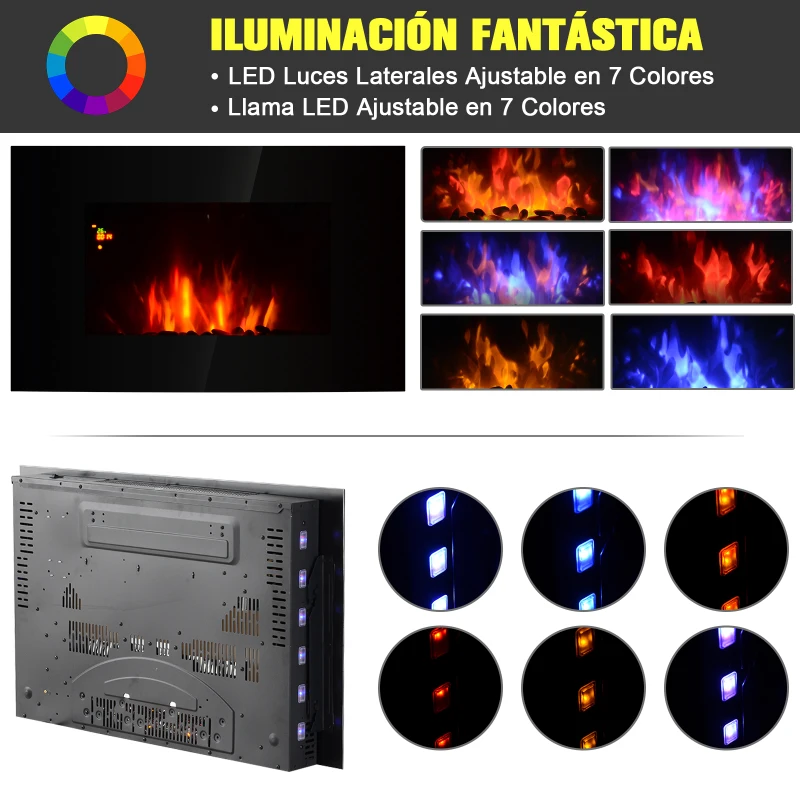HOMCOM Chimenea Eléctrica de Pared Calefactor Estufa Eléctrica 1000/2000W Temporizador Termostato Auto-Control Llama LED 7 Color Mando a Distancia 90x9,5x56 cm