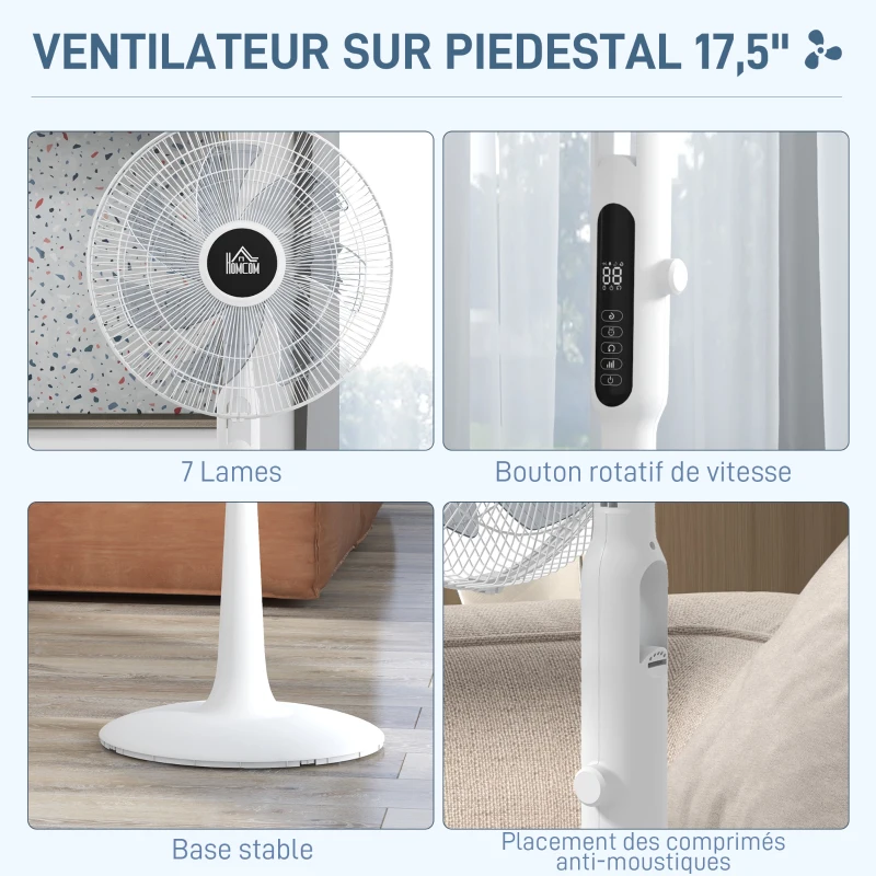 HOMCOM Ventilateur sur pied Ø 42cm 40W 3 modes 28 vitesses, fonction anti-moustique, hauteur réglable oscillant 75° blanc