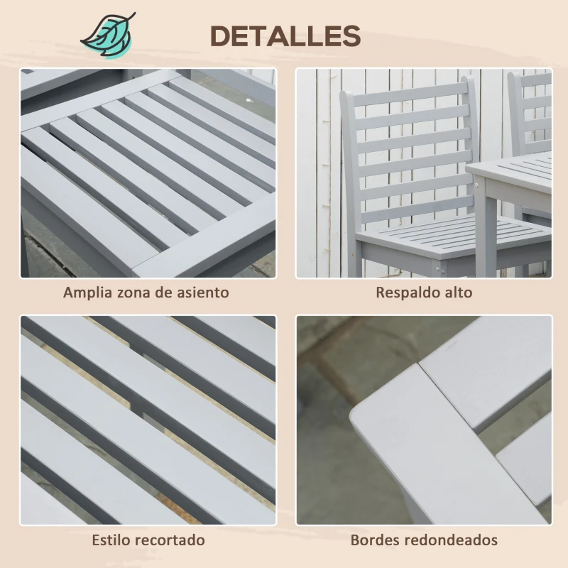 Outsunny Conjunto de Muebles de Jardín de Madera 5 Piezas Juego de Mesa y 4 Sillas Decoración para Terraza Patio Balcón Gris