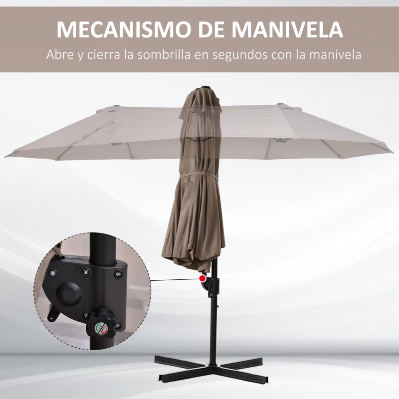Outsunny Sombrilla Doble de 270x440x250 cm Parasol Grande Inclinable con Manivela para Abrir y Cerrar Fácil Color Marrón