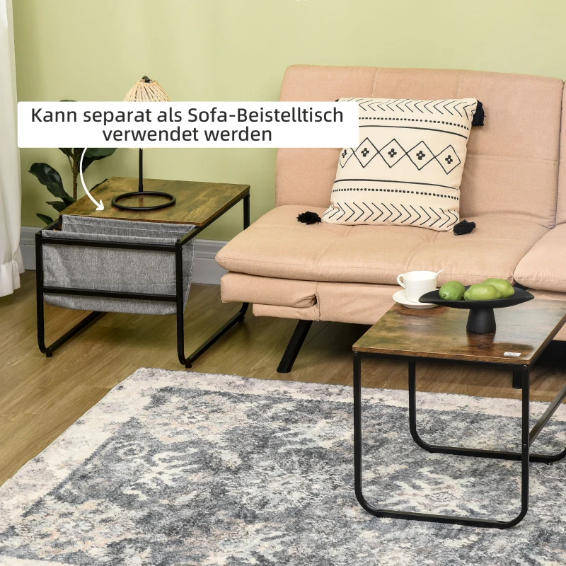 HOMCOM 2er-Set Beistelltische im Industriedesign, 1 abnehmbares Ablagefach, stapelbar, Couchtisch, Braun + Weiß