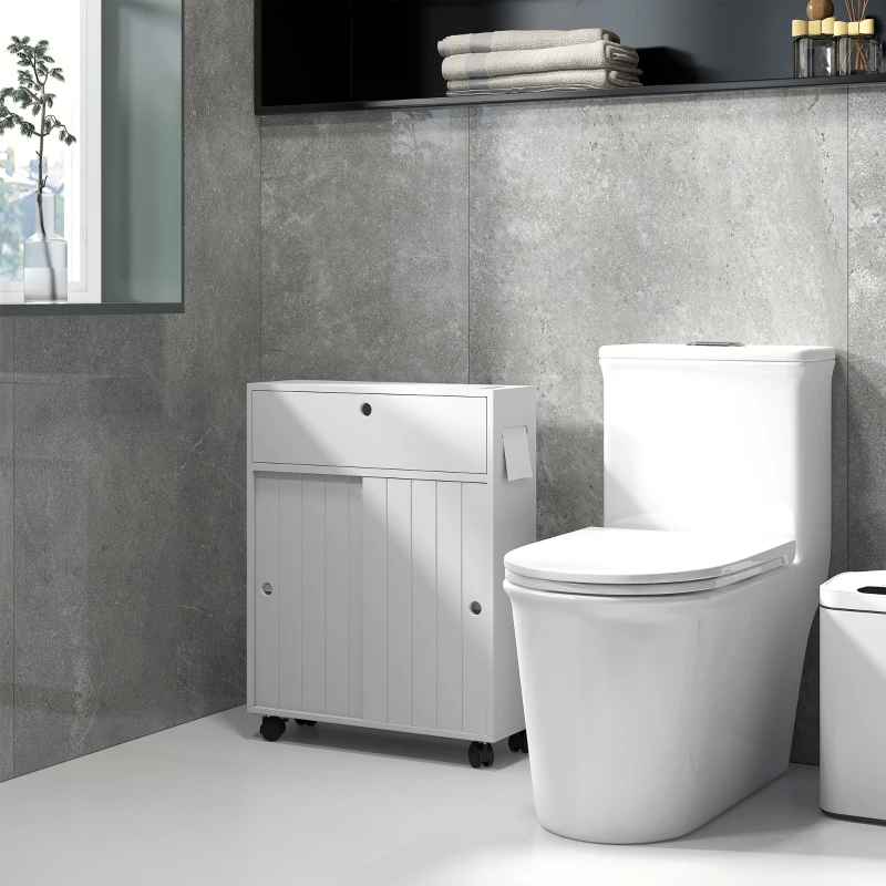 kleankin Armario de Baño Mueble Auxiliar con 4 Ruedas 2 Agujeros para Papel 2 Armarios y Estantes Ajustables 52x17x67 cm Blanco