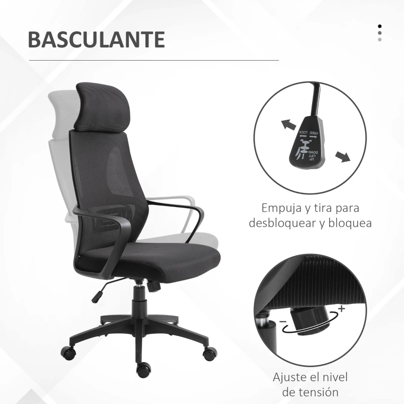 Vinsetto Silla de Escritorio Ajustable con Reposabrazos Reposacabezas y Función Basculante Carga 120 kg 64x55x116-126 cm Negro