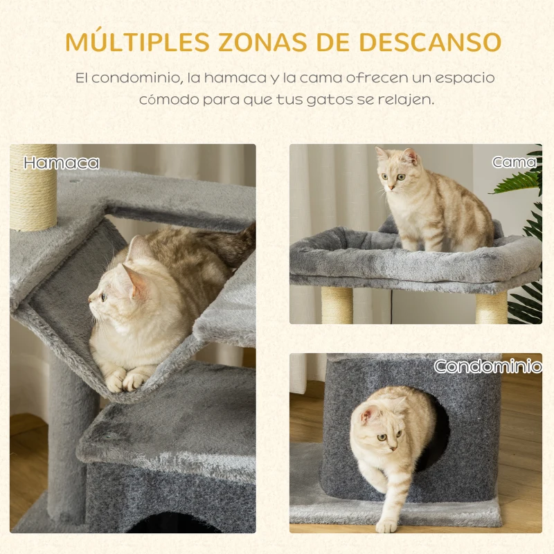 PawHut Árbol para Gatos Altura 90 cm de 3 Niveles con Nido Plataforma Bolas Colgantes y Poste de Sisal 48x48x90 cm Gris