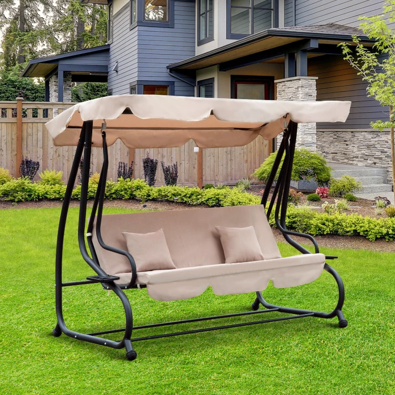 Outsunny Dondolo da Giardino 3 Posti Convertibile in Letto a Dondolo, Tetto e Struttura in Acciaio, 200x120x164cm Marrone Chiaro