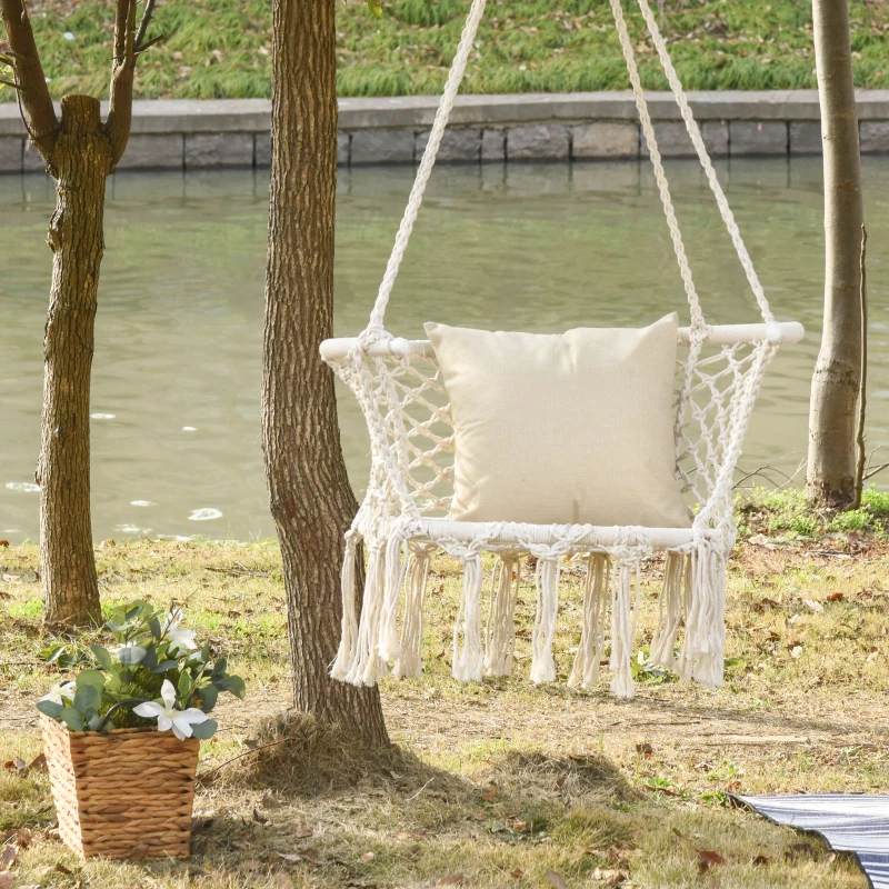 Outsunny Outdoor Hanging Rope Chair with Cotton Rope, Cotton-Polyester Blend Macrame Garden Hammock Chair with Support Backrest, for Patio, Garden, Porch, Living Room, Cream White