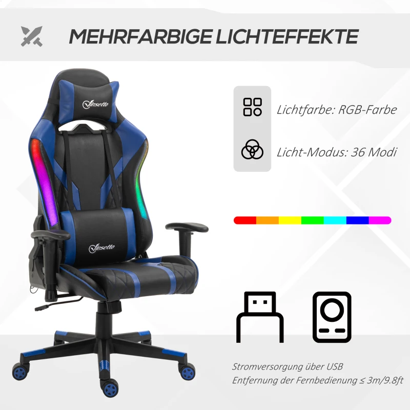 Vinsetto Bürostuhl LED Gaming Stuhl mit Armlehne, hoher Rückenlehne und Kissen ergonomischer Drehstuhl mit Liegefunktion Handlauf anhebbar Kunstleder Nylon Schwarz+Blau 70 x 57,5 x 126-136 cm