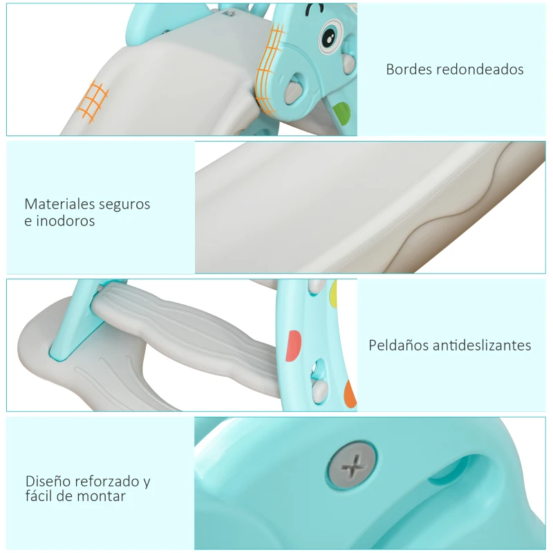 HOMCOM Tobogán para Niños +18 Meses Plegable 2 en 1 con Canasta de Baloncesto Modelo Jirafa Juguete Infantil para Interiores y Exteriores 140x87x85,5 cm Azul y Gris