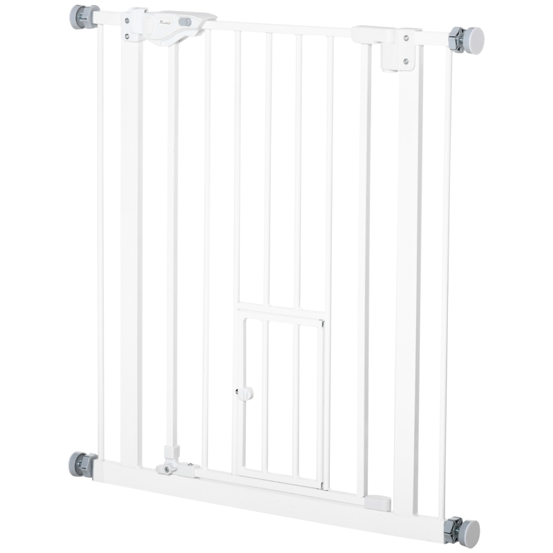 PawHut Barrera de Seguridad Extensible con Puerta Pequeño Cierre Automático y Sistema de Doble Bloqueo 74-80x76,2 cm Blanco