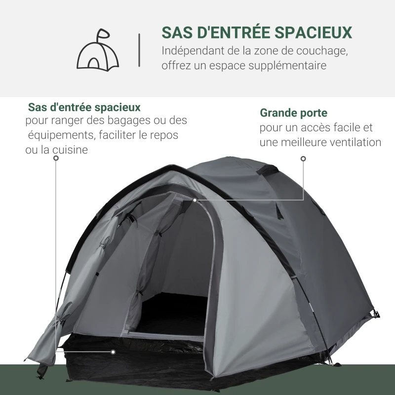 Outsunny Tente de camping 2-3 personnes tente dôme étanche légère ventilée 2 portes fenêtres fibre verre polyester PE gris
