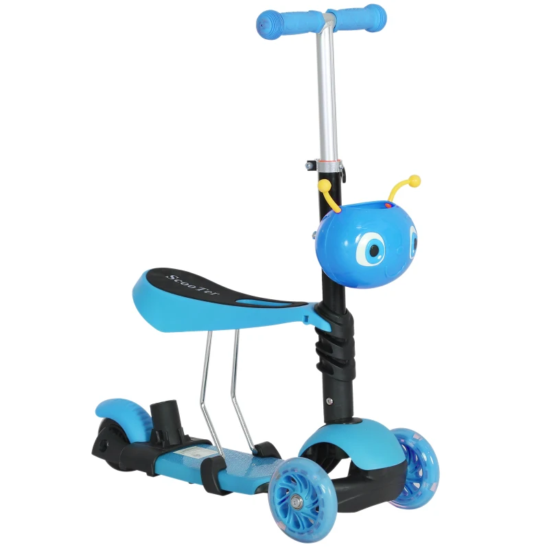 HOMCOM Adjustable Kids Toddler Scooter, with Removable Seat, Back Handle, Blue