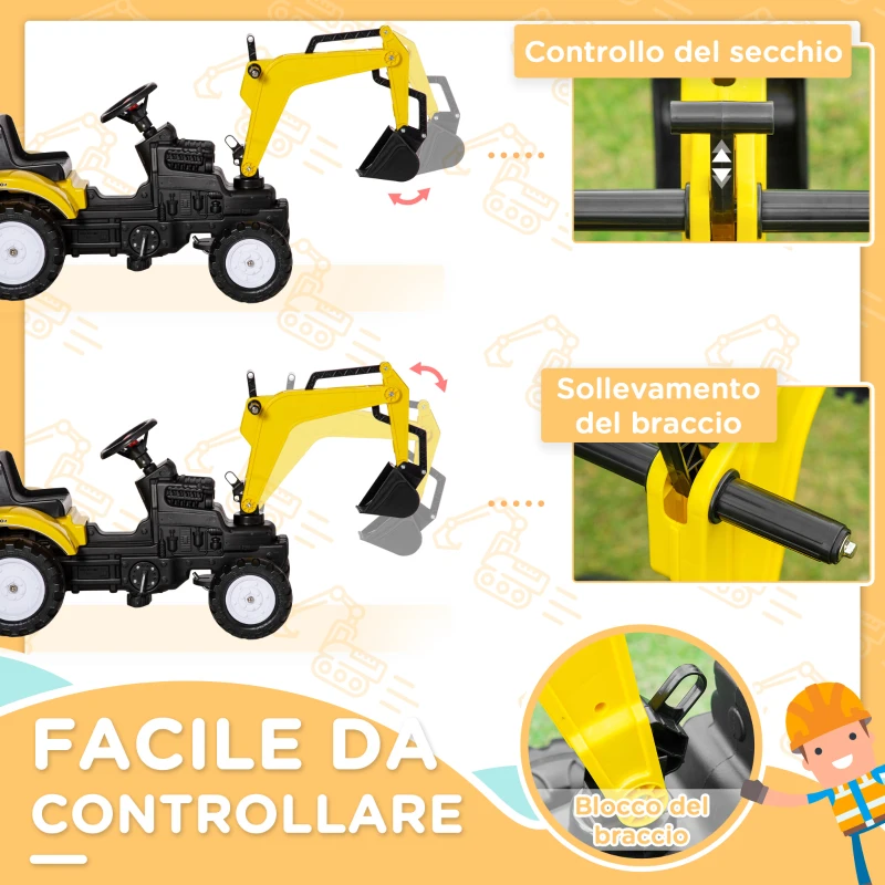 HOMCOM Ruspa Giocattolo a Pedali per Bambini 3-6 Anni con 6 Ruote, in Acciaio e Plastica, 107x42x71 cm, Giallo