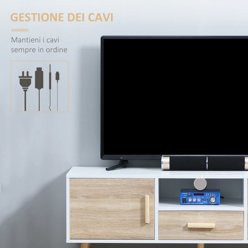 HOMCOM Mobile TV Basso per TV max 46" con Ripiano Aperto, Cassetto e 2 Armadietti, in Truciolato e Pino, 140x40x55.3 cm
