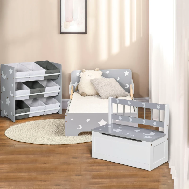 ZONEKIZ 3PCs Kids Furniture Bedroom Set with Bed, Toy Box Bench, Storage Unit with Baskets, Star and Moon Patterns, for 3-6 Years Old Boys Girls, Grey