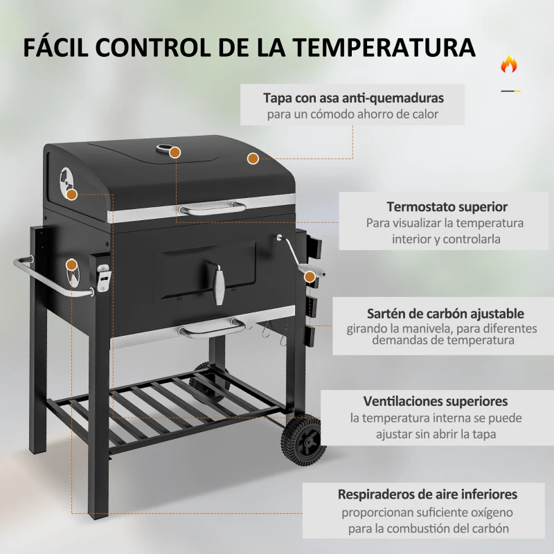 Outsunny Barbacoa de Carbón con Ruedas Barbacoa con Tapa Parrillas de Acero Inoxidable Termómetro 113x65x108 cm Negro