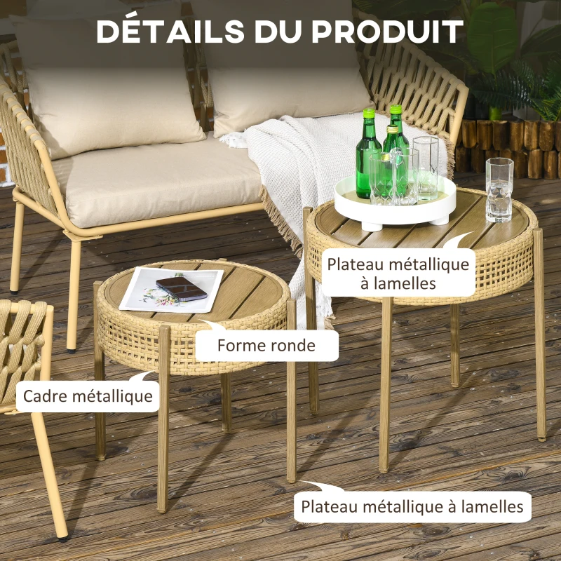 Outsunny Ensemble de 2 tables basses rondes pour intérieur ou extérieur - tables d'appoint en résine PE effet rotin style bohème