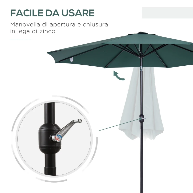 Outsunny Ombrellone da Giardino 3x2.5 m Inclinabile, con Manovella, in Metallo e Poliestere Verde