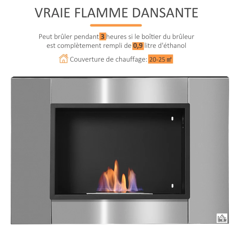 HOMCOM Cheminée bioéthanol Murale encastrable brûleur 0,9 L, environ 3 h de durée de combustion 80L x 14l x 54H cm Couverture 25-30 m² Acier inox