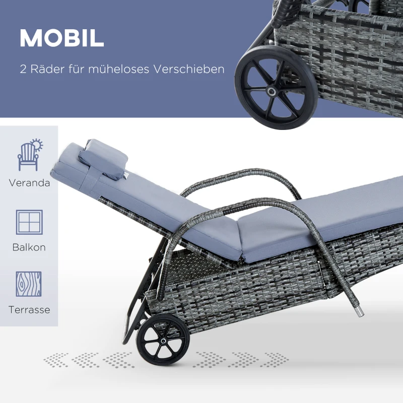 Outsunny Sonnenliege Gartenliege Tisch 3er-Set Gartenmöbel, Polyrattan+Metall Grau
