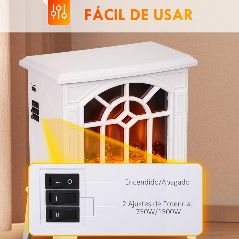 HOMCOM Chimenea Decorativa 1000 W/2000 W con Temperatura Ajustable LED Llamas para 15-20 ㎡ 36,5x24x46 cm Blanco