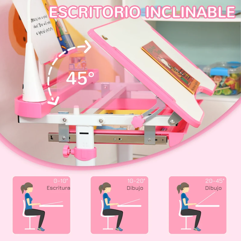 HOMCOM Juego de Escritorio y Silla para Niños de +6 Años Ajustable con Mesa Inclinable Lámpara Cajón y Estante para Libros Rosa