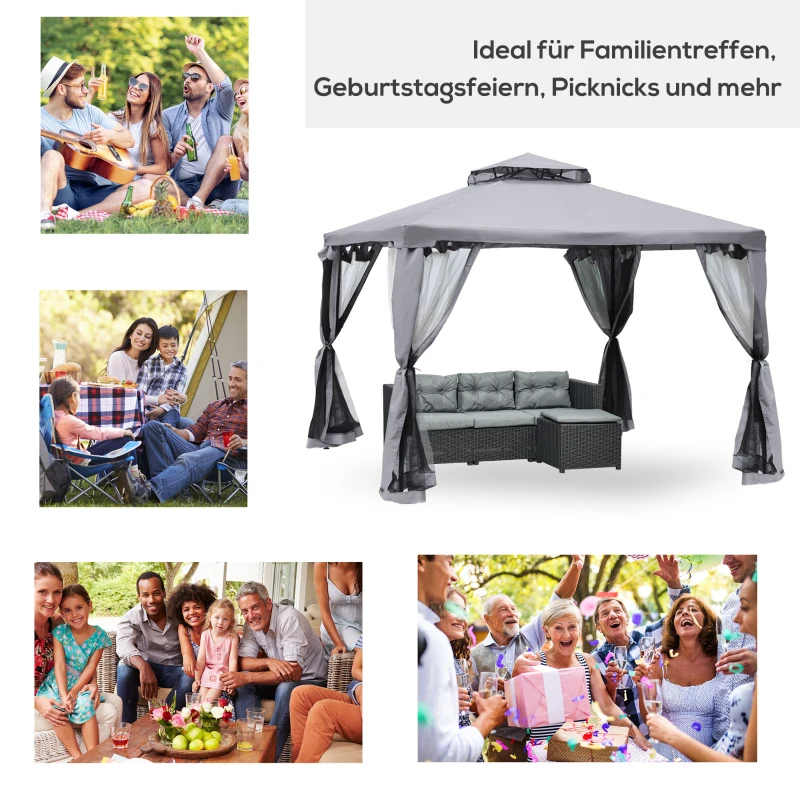 Outsunny Pavillon mit Doppeldach, 3x2 m Wasserdicht Stabil Winterfest Gartenpavillon mit Moskitonetz, Seitenteile, Garten-Pavillon aus Metall, für Garten, Terrasse, Hellgrau