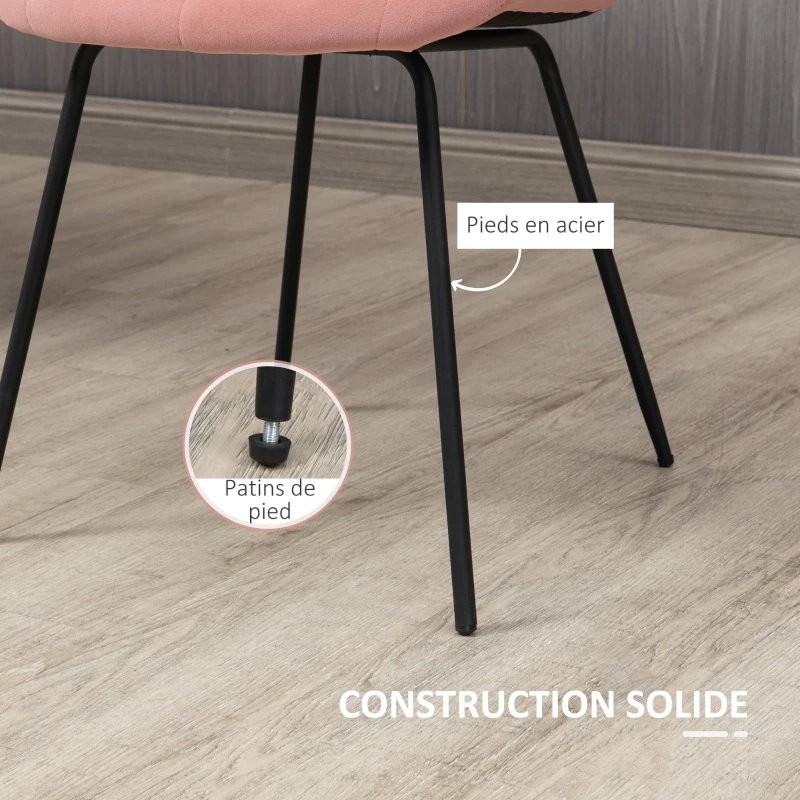 HOMCOM Lot de 2 chaises de salle à manger en tissu aspect velours capitonné et piètement métal noir 50 x 61 x 79 cm rose