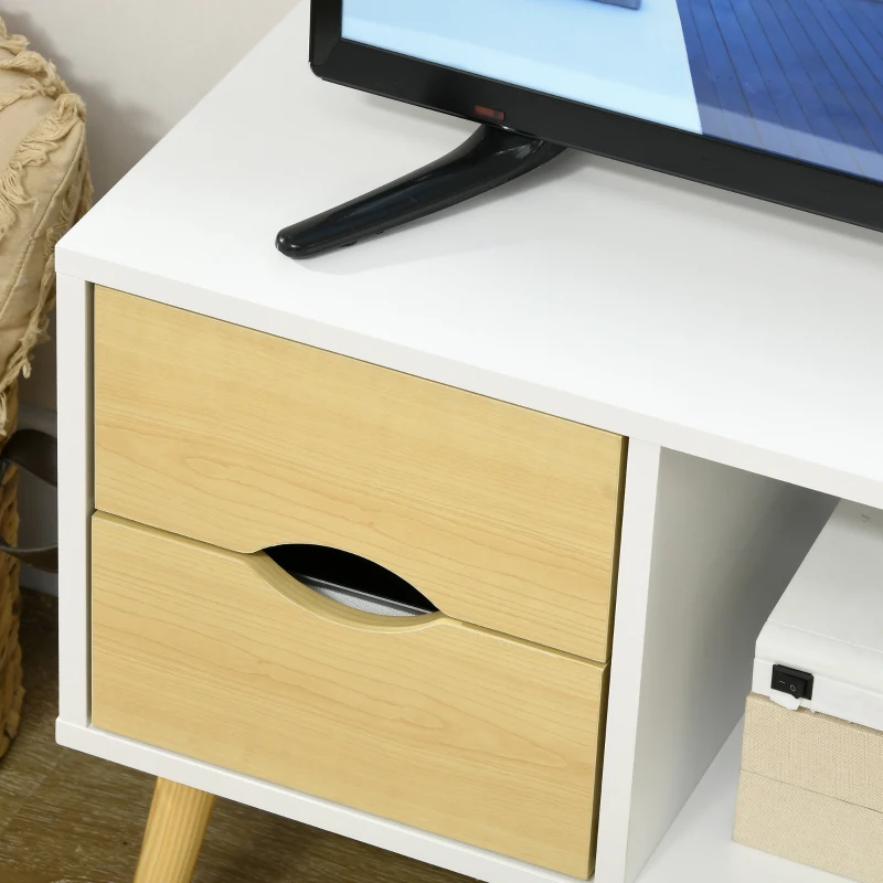 HOMCOM Meuble TV jusqu'à 40 pouces pieds en bois massif 4 tiroirs 1 niche centrale 90 x 30 x 46 cm naturel blanc