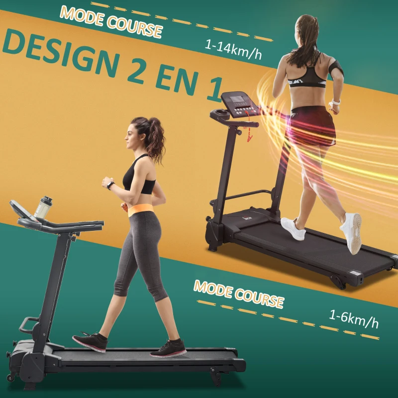 HOMCOM Tapis de course électrique pliable 1-14 Km/h 750 W écran LCD 5 programmes inclinaison réglable noir