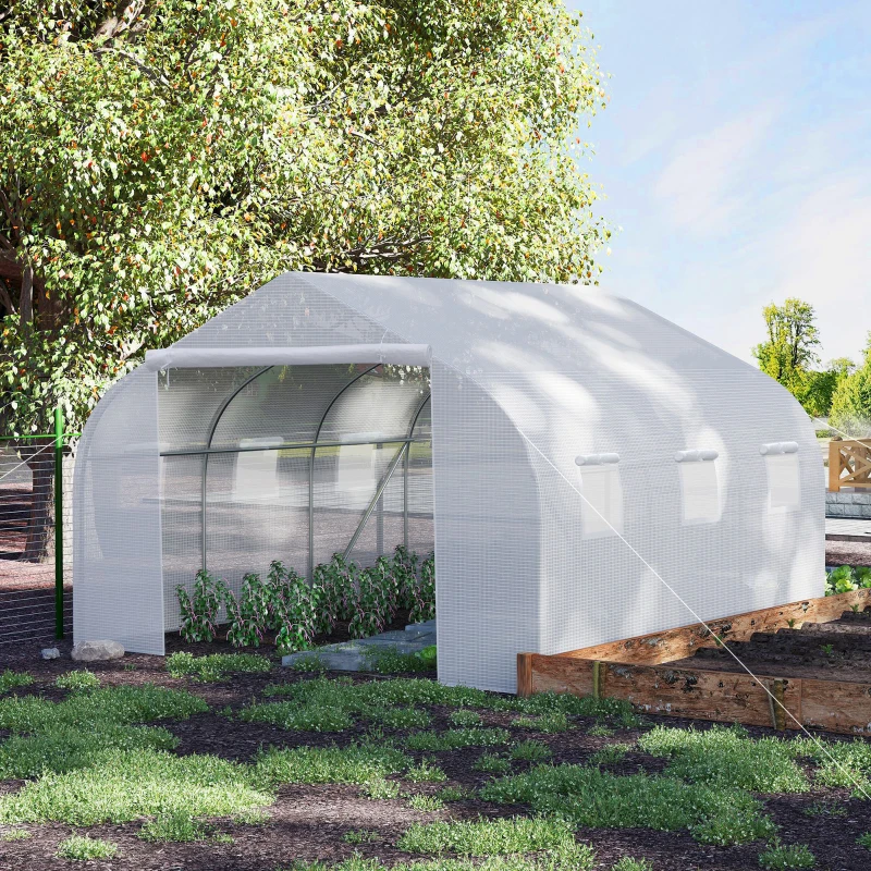 Outsunny Walk-In Polytunnel Greenhouse Warm House Garden Tunnel Shelter Plant Shed with Door and Windows, Galvanised Steel Frame, 4.5 x 3 x 2m, White