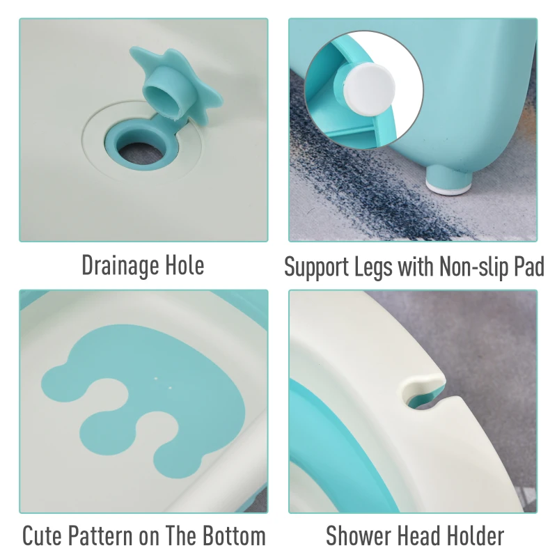HOMCOM 3 in 1 Collapsible Baby Bath Tub Set Folding Kids Tub Wash Basin Shampoo Cup Non-Slip Support Leg for 0-3 Years, Green