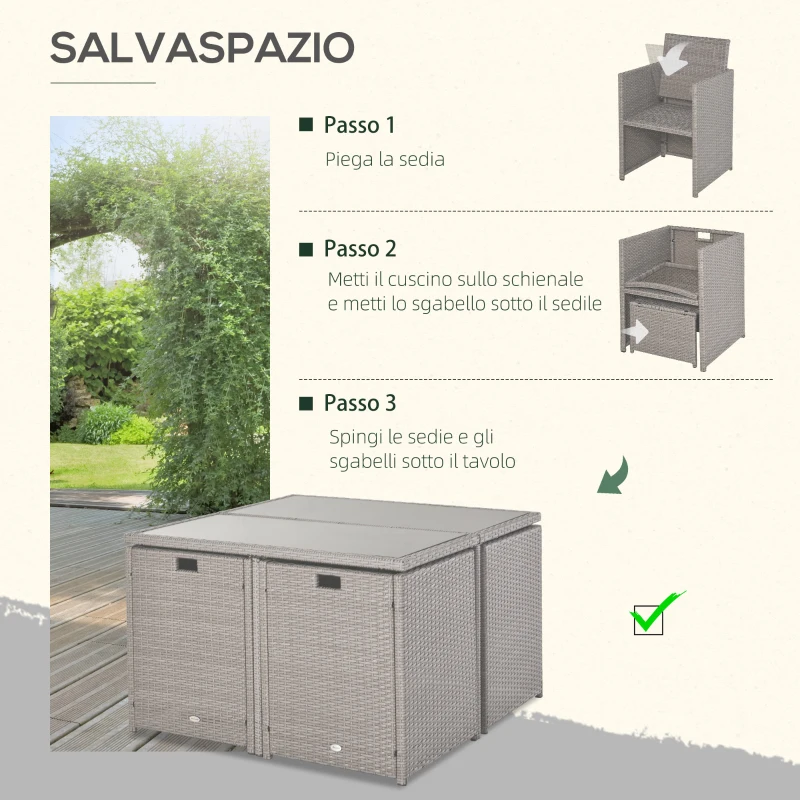 Outsunny Set Mobili da Giardino Esterno Tavolo con 4 Sedie 4 Poggiapiedi 9pz Rattan Grigio