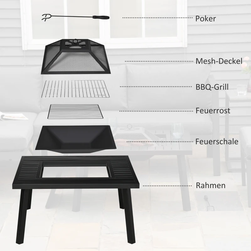 Outsunny Feuerschale Feuertisch mit Schürhaken Funkenschutz Feuerkorb Feuerstelle für Garten Camping BBQ Stahl Schwarz 81 x 81 x 53 cm