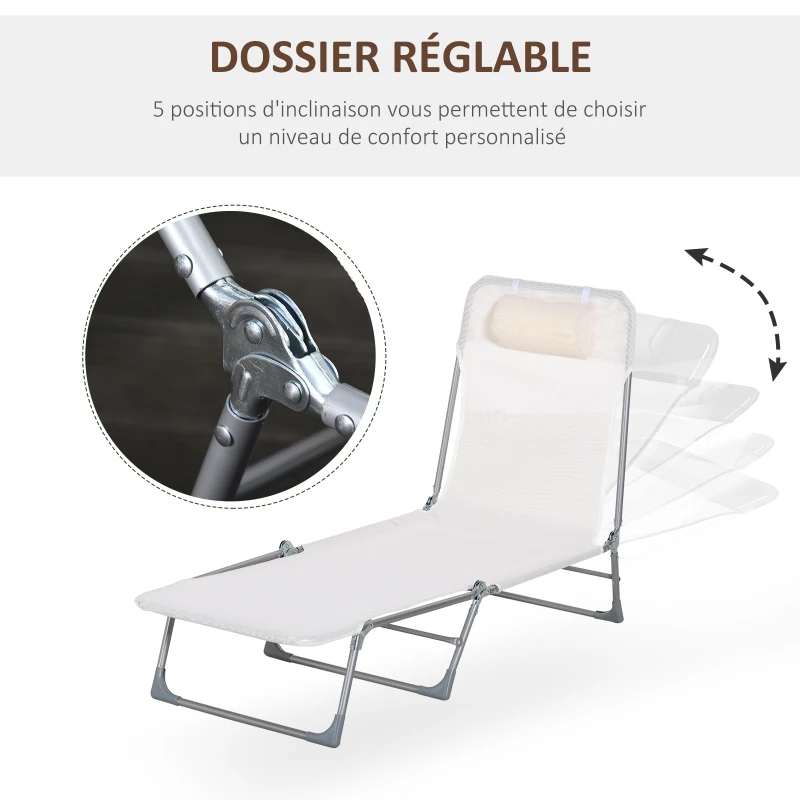 Outsunny Bain de soleil transat chaise longue inclinable pliable avec oreiller dossier réglable sur 5 niveaux crème