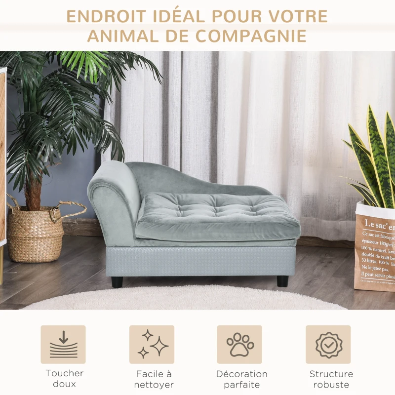 PawHut Canapé Chien Chat sur Pied avec Coffre de Rangement Style Moderne Coussin d'assise Amovible Grand Confort 76 x 45 x 43 cm gris clair