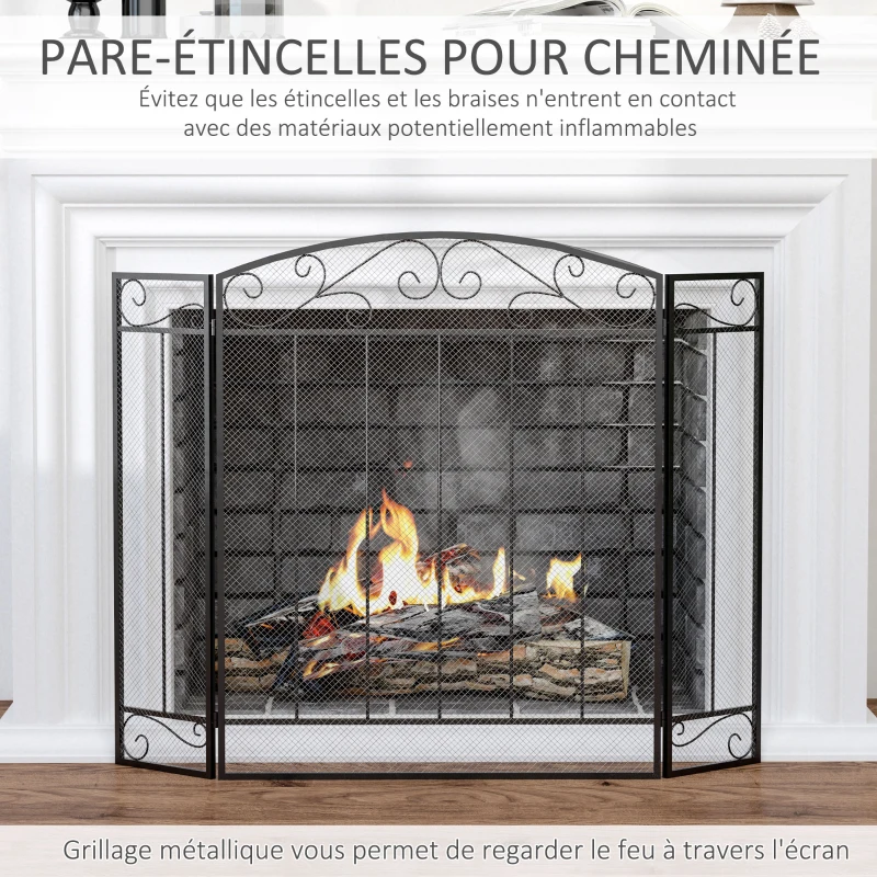 HOMCOM Grille de Protection pour cheminée - Pare-feu Large pour cheminée ou poêle - Pare-étincelles - barrière de sécurité - 3 Volets Pliables - Acier métal Noir