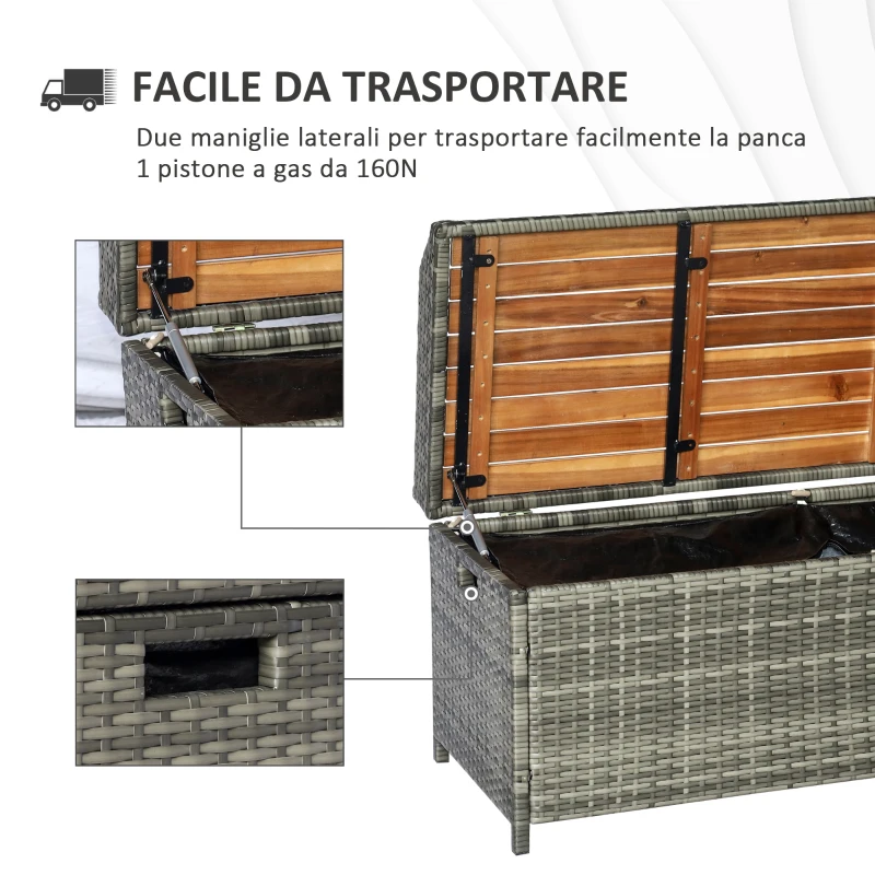 Outsunny Cassapanca da Esterno in Rattan Design 2 in 1, Baule da Esterno con Seduta in Legno, 121x50x50cm, Grigio
