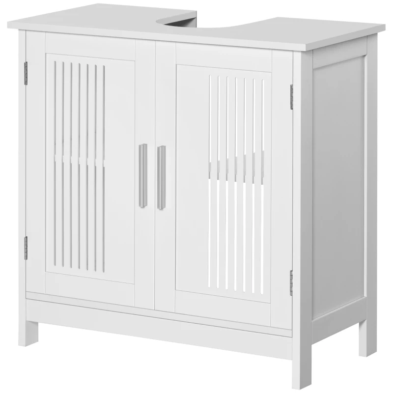 kleankin Meuble sous lavabo salle de bain - meuble sous-vasque - 2 portes rainurées avec étagère réglable - poignées alliage aluminium - dim. 60L x 30l x 60H cm - MDF blanc