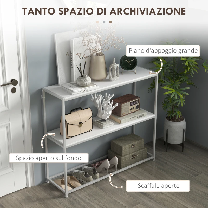 HOMCOM Tavolo Consolle da Ingresso con Ripiano Aperto, in Acciaio e Truciolato, 100x30x87 cm, Bianco
