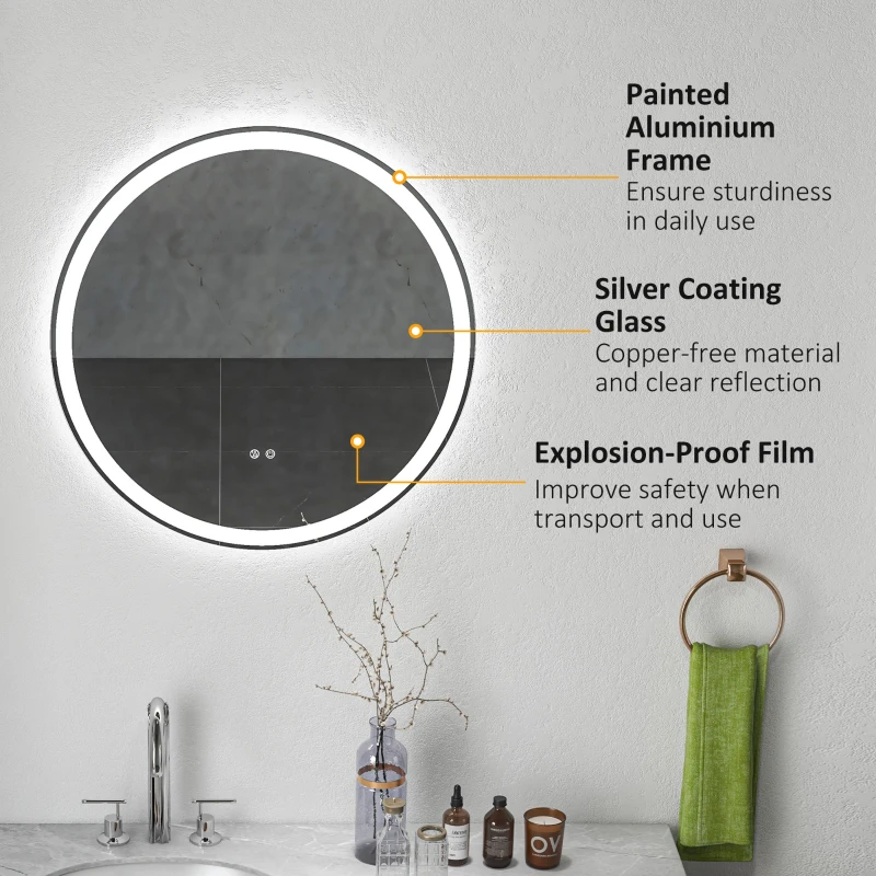 kleankin Round Bathroom Mirror with LED Lights, Wall Mount Dimmable Makeup Mirror with 3 Temperature Colours, Defogging Film and Memory Function, Frameless, Hardwired, 70 x 70 cm