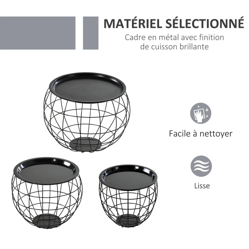 HOMCOM Lot de 3 Tables Basses gigognes Tables d'appoint Rondes encastrables Style néo-rétro métal Noir