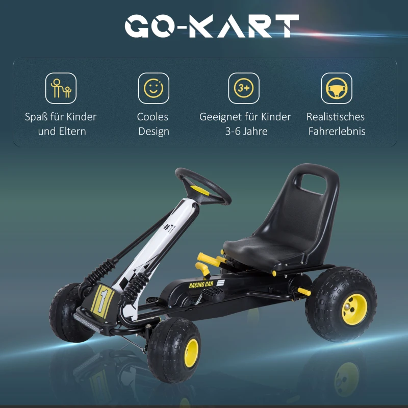 HOMCOM Gokart mit verstellbarem Sitz Tretauto Tretfahrzeug mit Handbremse Pedal Gokart Pedalfahrzeug ab 3 Jahre Kinder Schwarz 95 x 66,5 x 57 cm