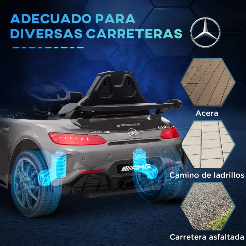 AIYAPLAY Coche Eléctrico para Niños de +3 Años Mercedes-Benz AMG GTR con Batería 12V Mando a Distancia Faros Bocina Música Plata