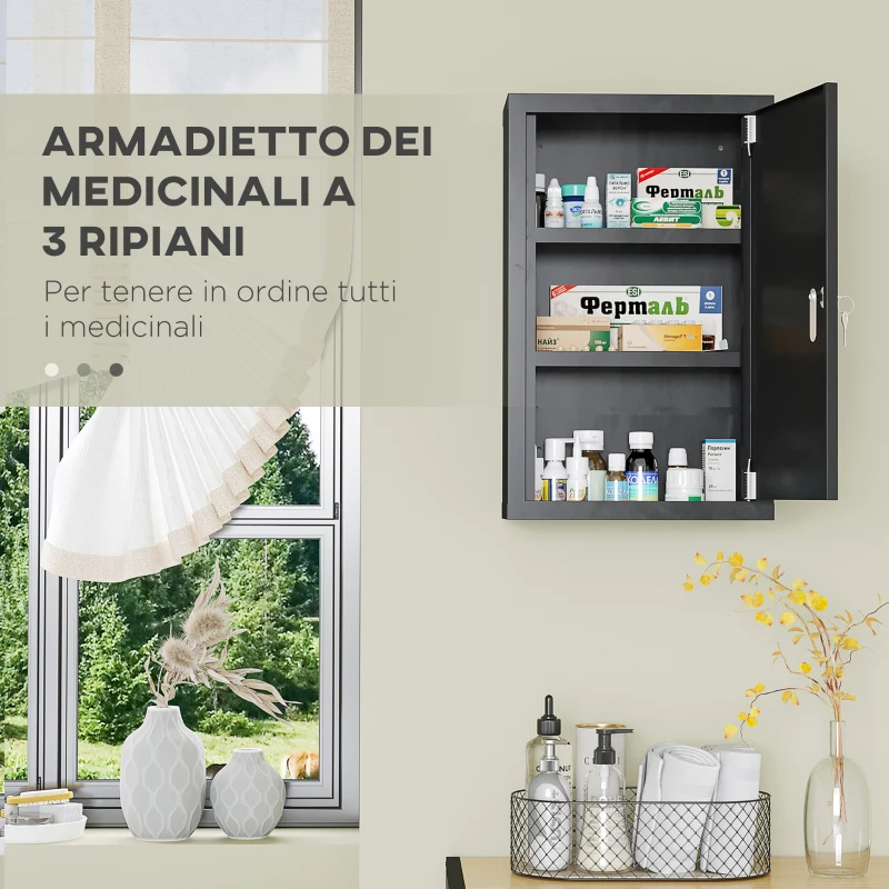 kleankin Armadietto Medicinali con 3 Mensole e Blocco con Chiavi in Acciaio, 30x14x46cm, Nero