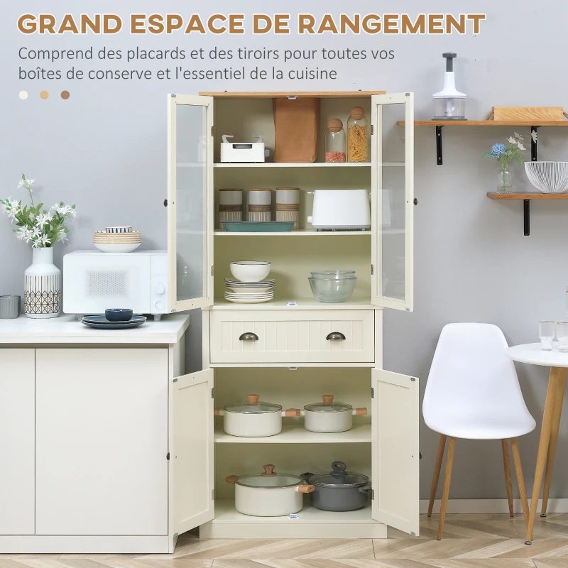 HOMCOM Buffet meuble cuisine rangement armoire de cuisine 4 portes dont 2 portes vitrées et 1 tiroir hauteur 182,5 cm avec étagères réglables - beige(m-4)